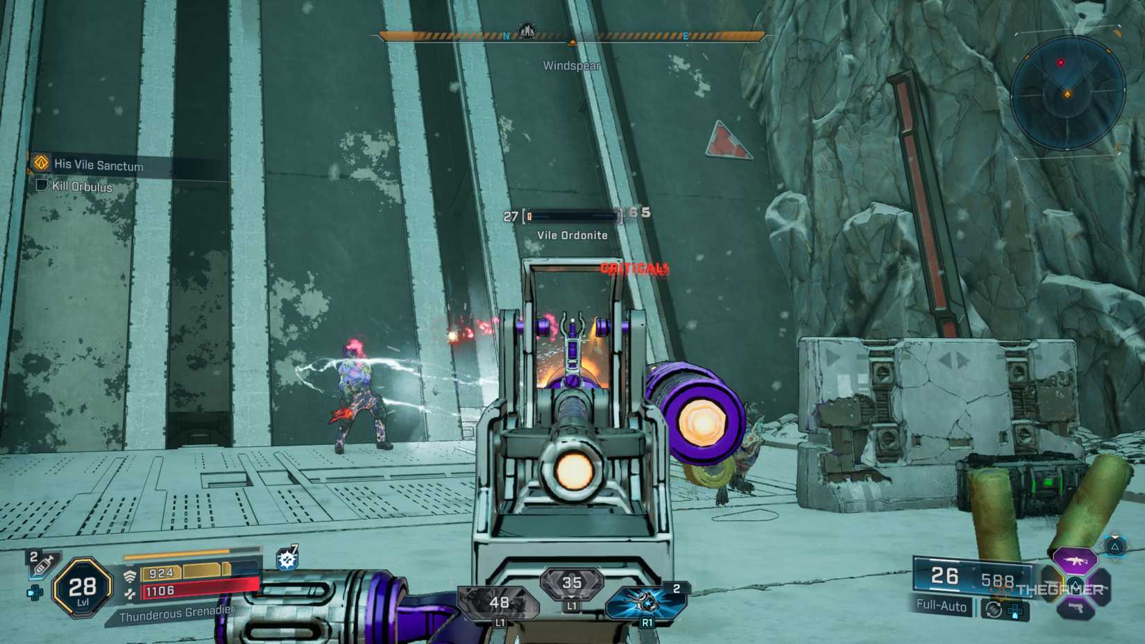 Amon firing at a Vile Ordonite floating near Orbulus, a miniboss, in Borderlands 4.