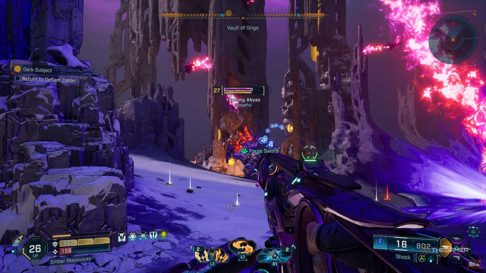 Amon fighting the Yawning Abyss enemy which is firing volleys of Ordonite at him in Borderlands 4.