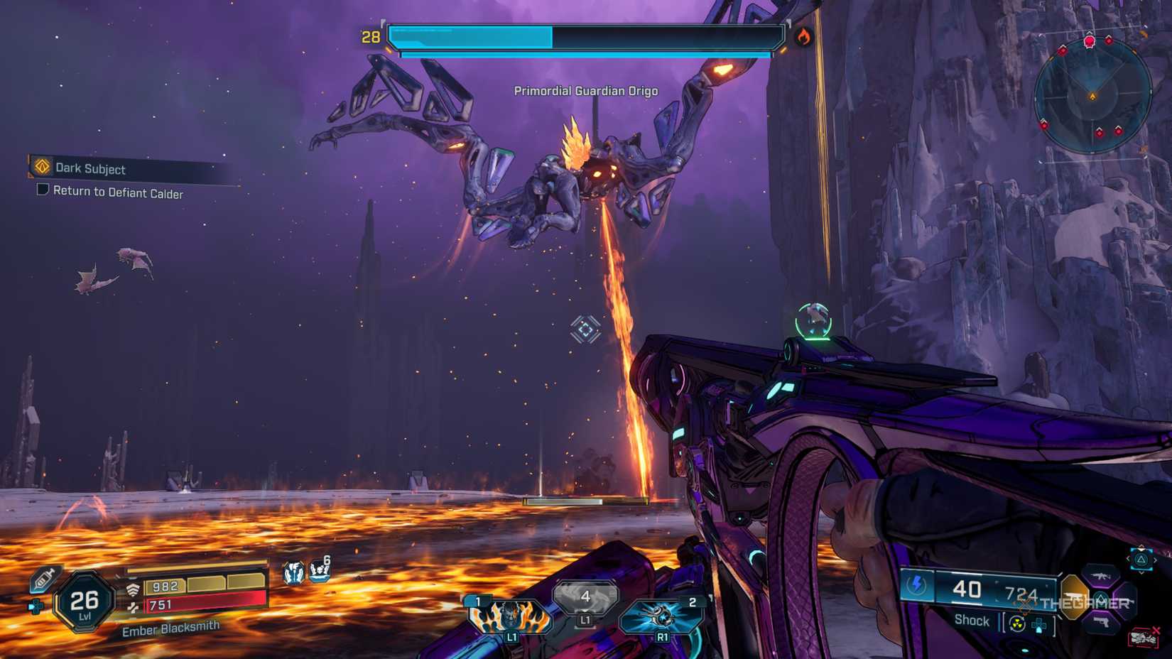 Origo breathing fire across the arena while flying and leaving burning ground behind it in Borderlands 4.