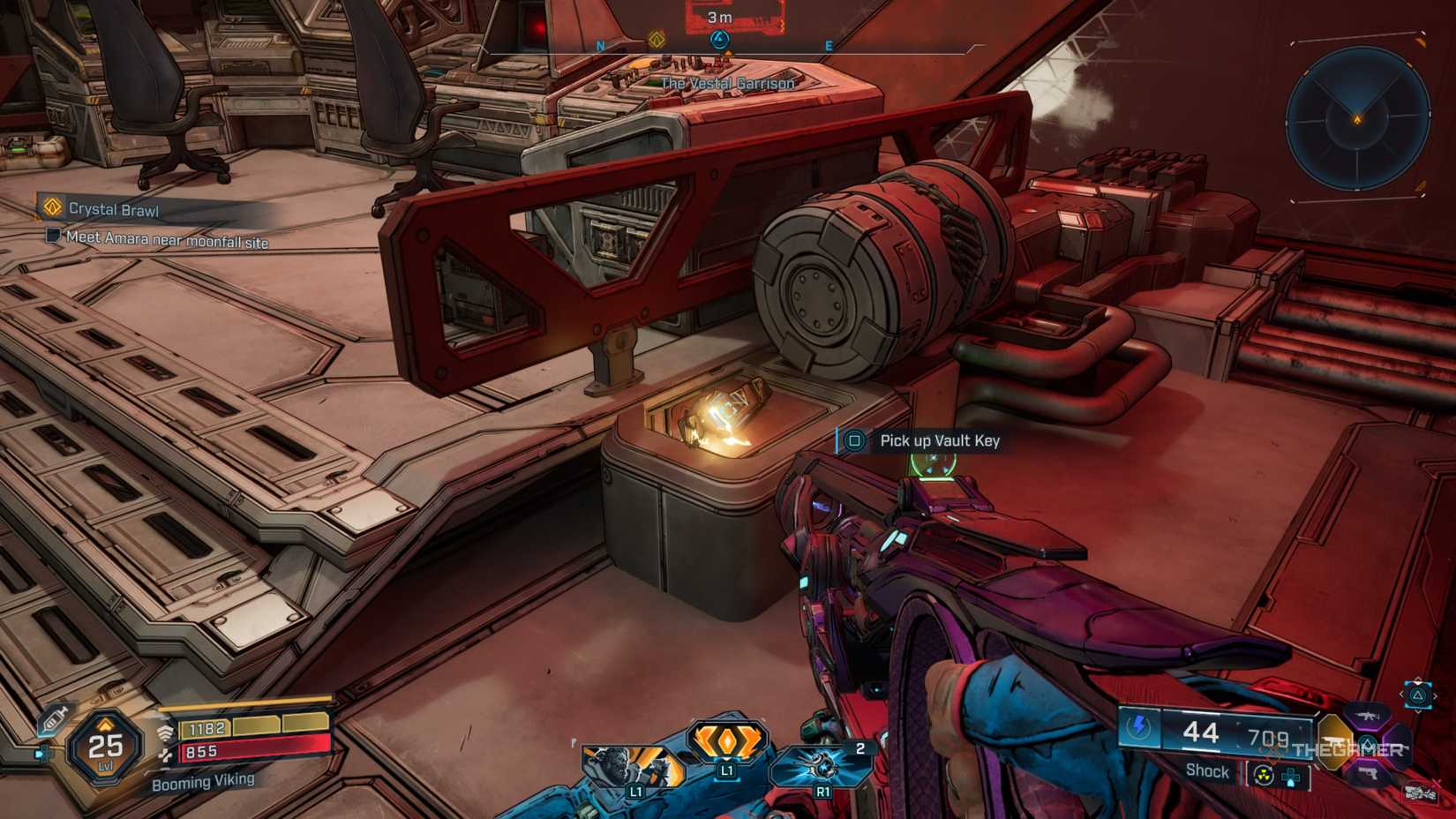 Amon looking down at a Vault Key Fragment sitting on a block near a console in Borderlands 4.