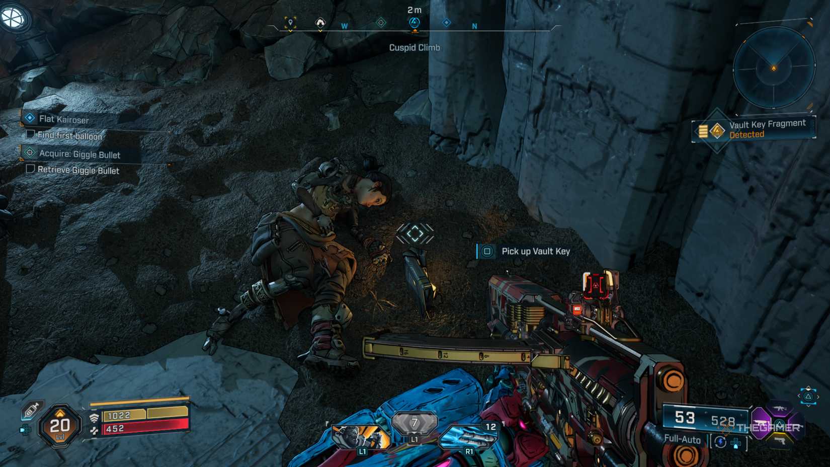 Amon looking at a Vault Key Fragment next to a corpse in a small cave in Borderlands 4.
