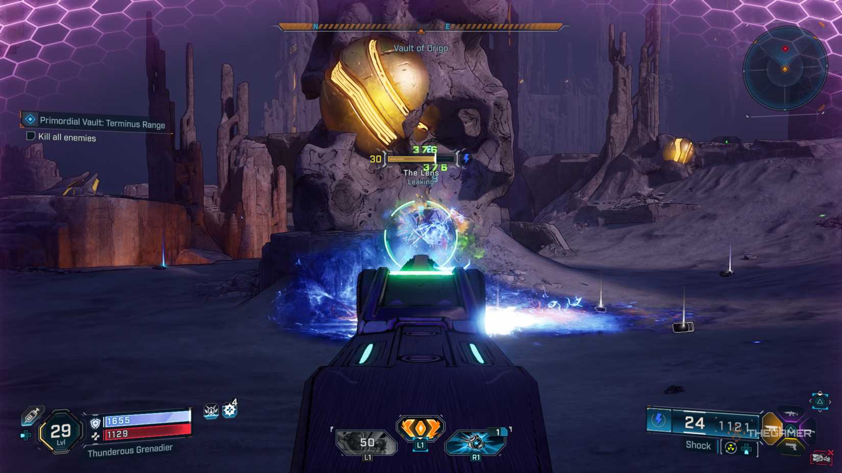 Amon firing at a specially named Seneschal Order enemy called The Lens in Borderlands 4.