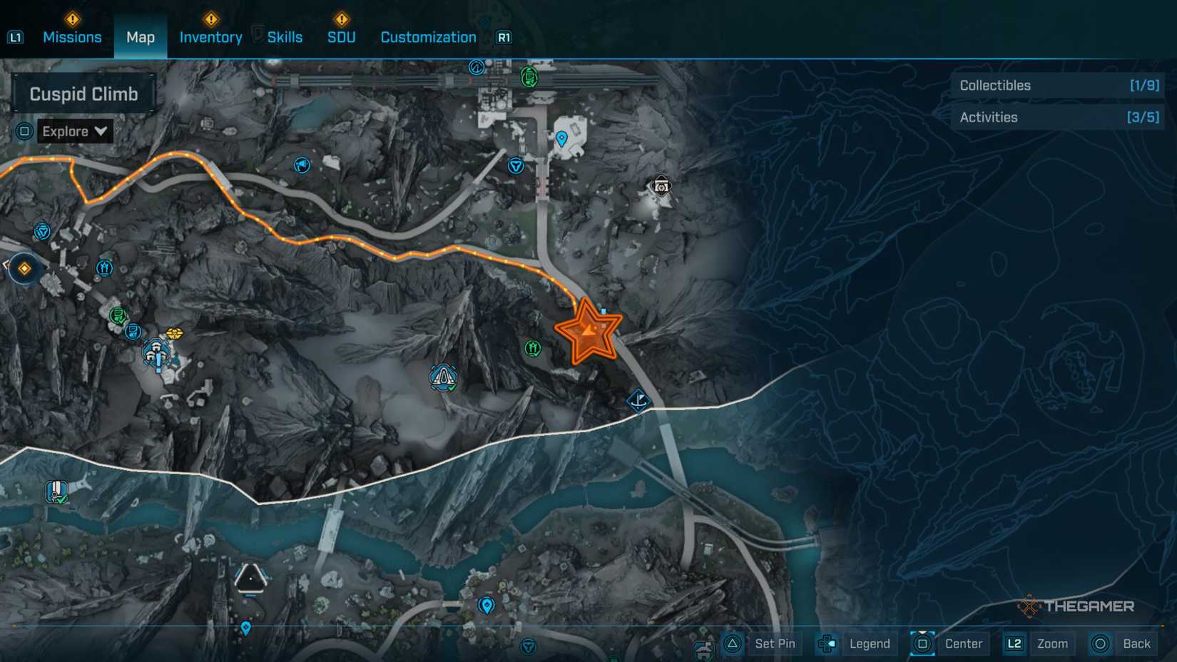 Close up of a northern area of Terminus Range map with an orange star edited onto where you need to glide across in Borderlands 4.