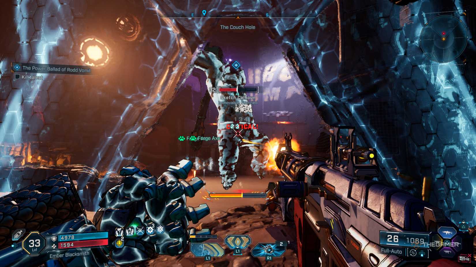 Amon shielding with his Vengeance Forgeskill while Sketch Calhoun leaps toward him in Borderlands 4.