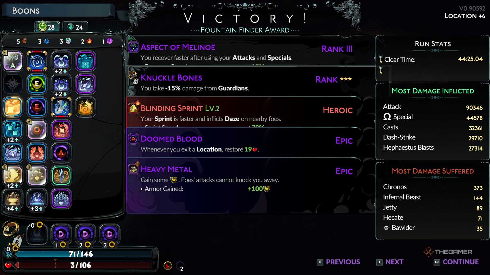 Player looks at all boons used with the Aspect of Melinoe Moonstone Axe after defeating Chronos in Hades 2.