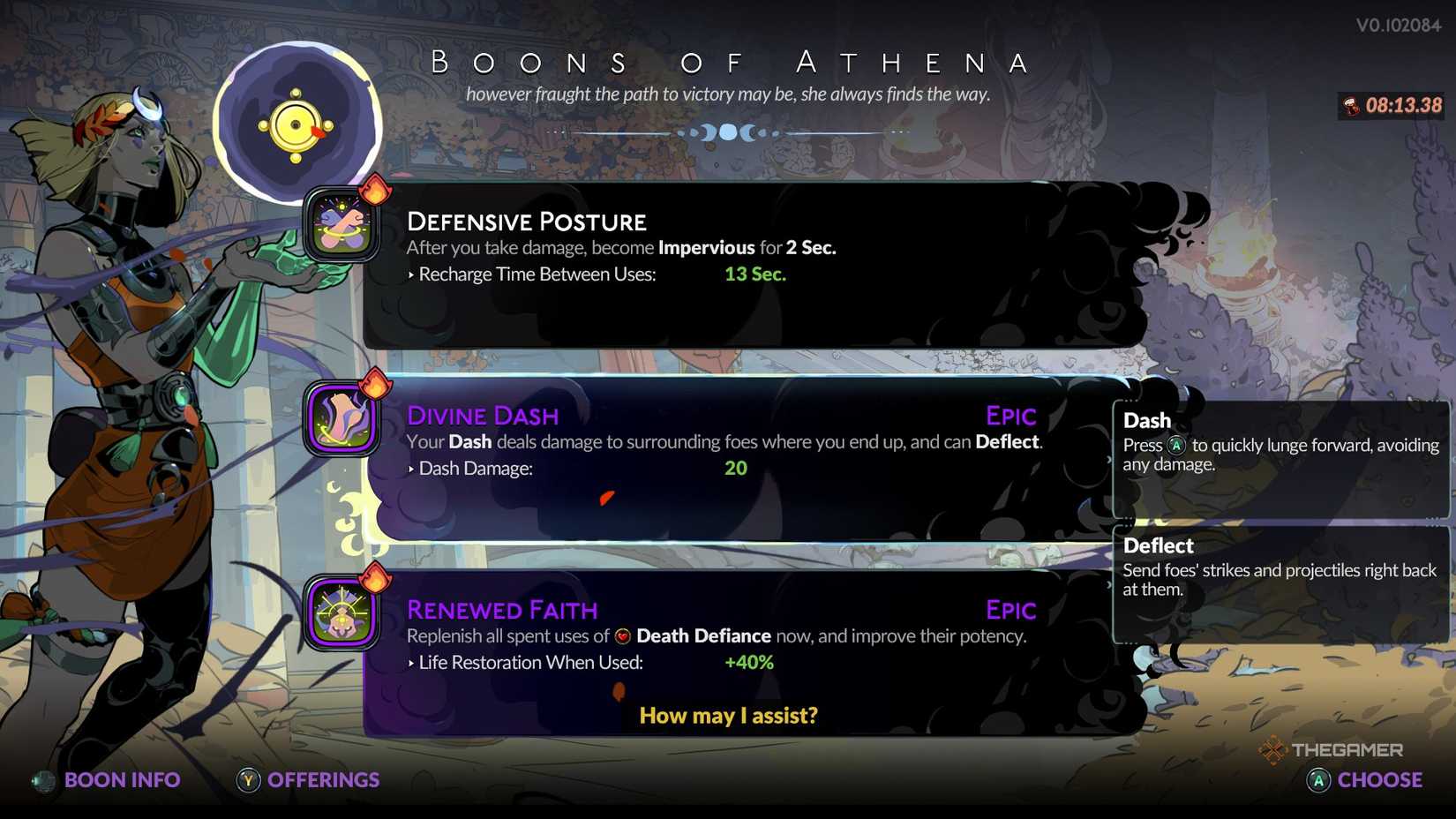 Player chooses between Athena's Deflect boons in Hades 2.