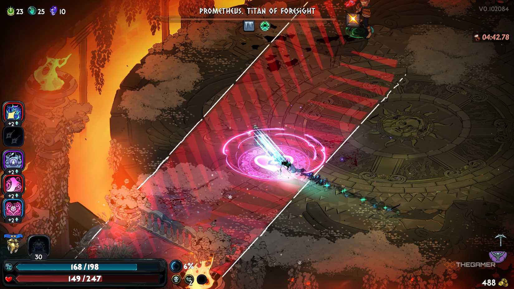 Prometheus prepares to use the Wave of Flames attack on Melinoe in Hades 2.