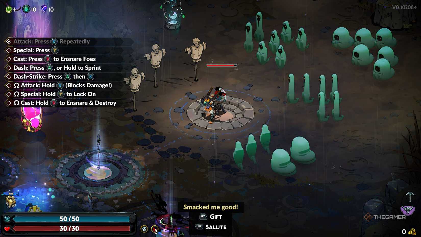 Melinoe strikes Schelemeus (Skelly) in the training grounds in Hades 2 while wearing the Black Coat, Xinth.