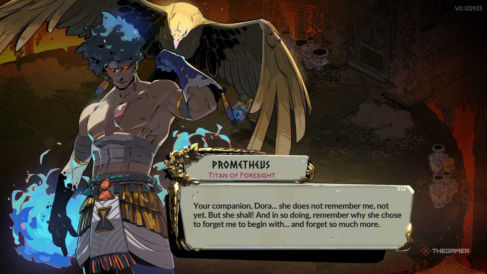 Prometheus talks about Dora in Hades 2.