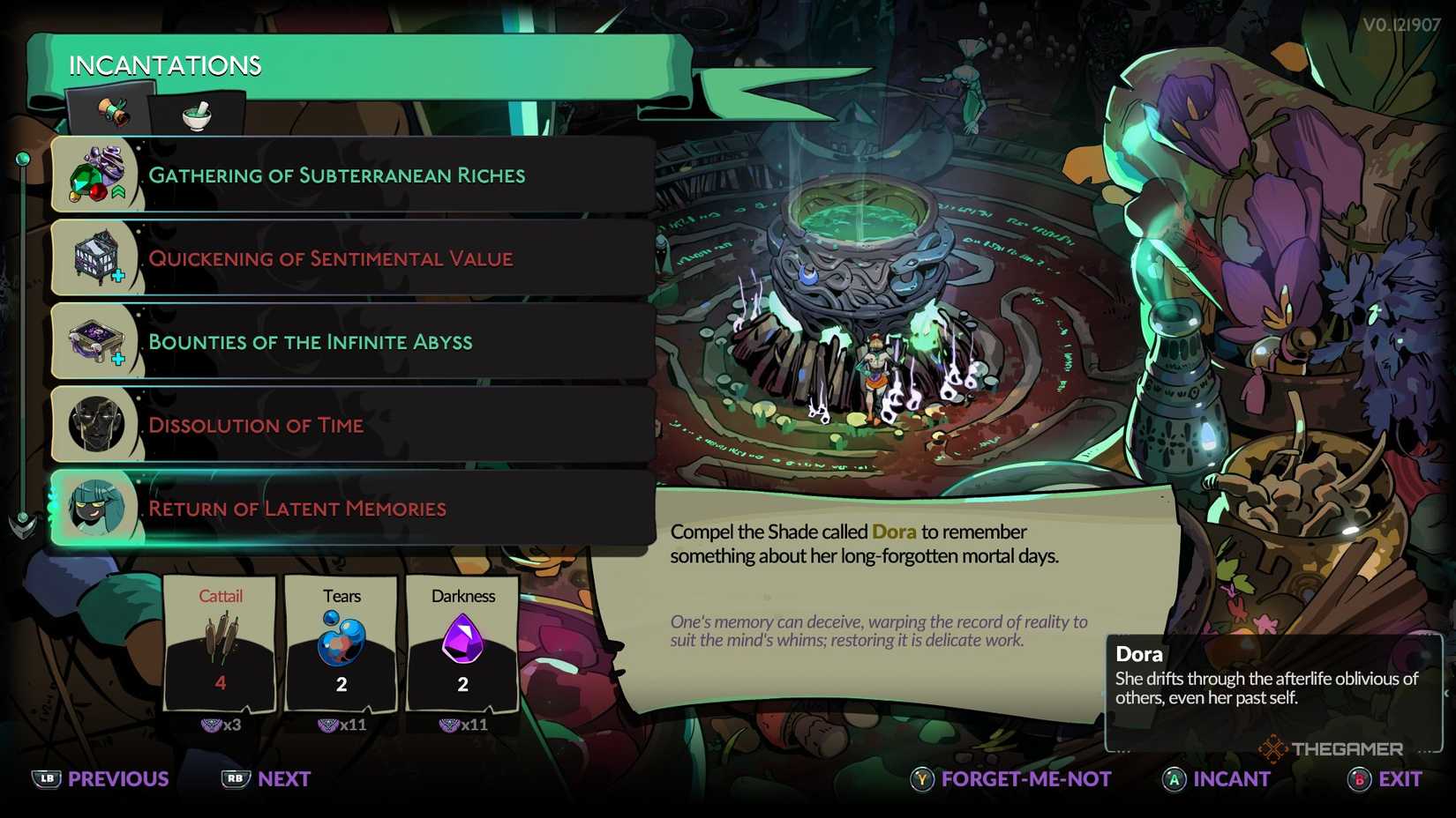 Melinoe inspects the Incantation: Return of Latent Memories in Hades 2.