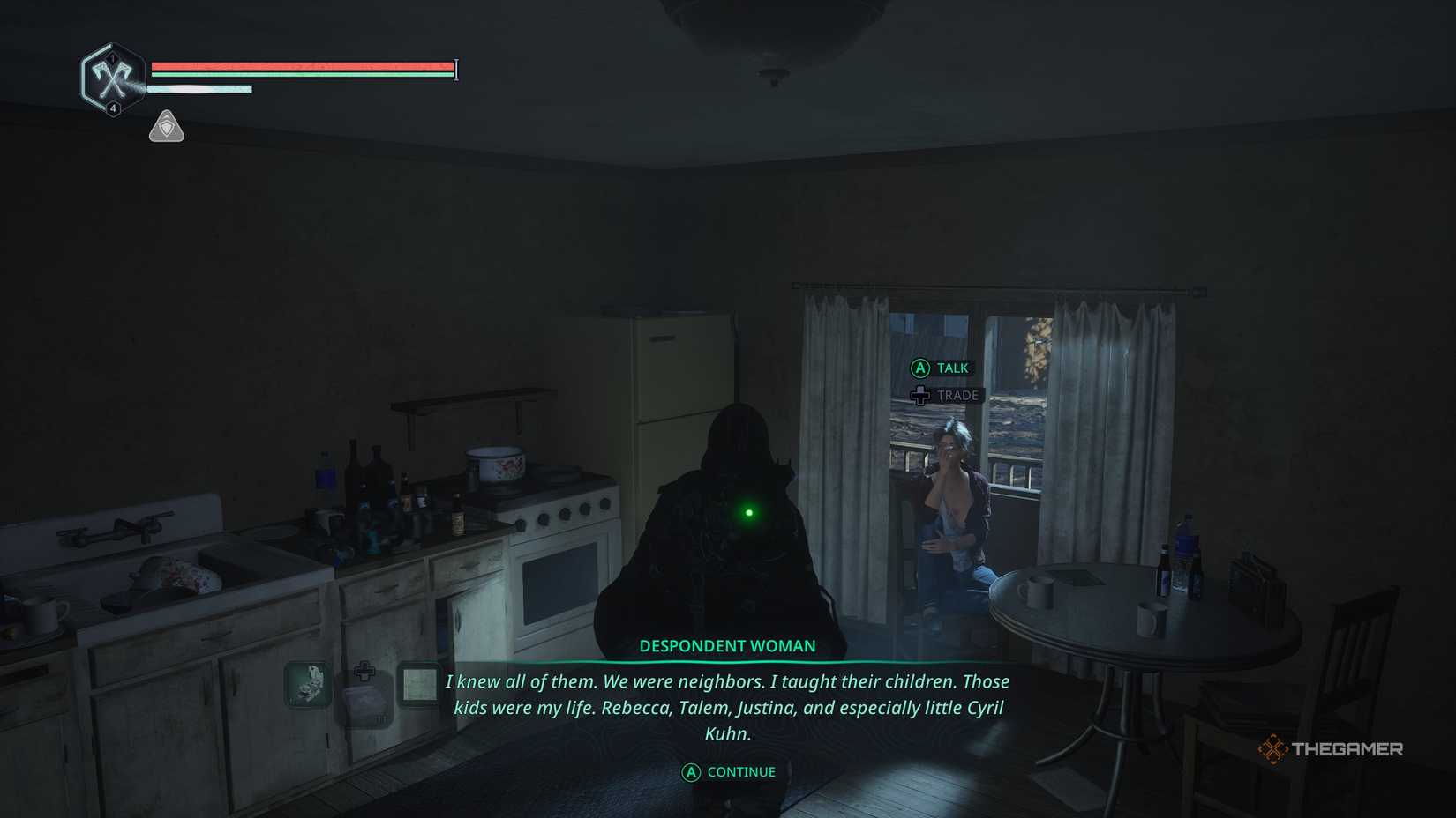Talking to a woman in a house in Hell Is Us.