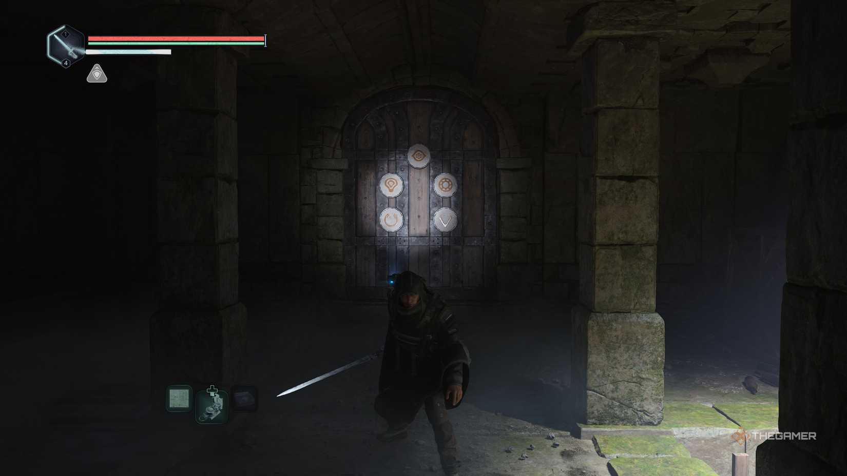 Remi shining a light on a door with five symbols on it in Hell Is Us.