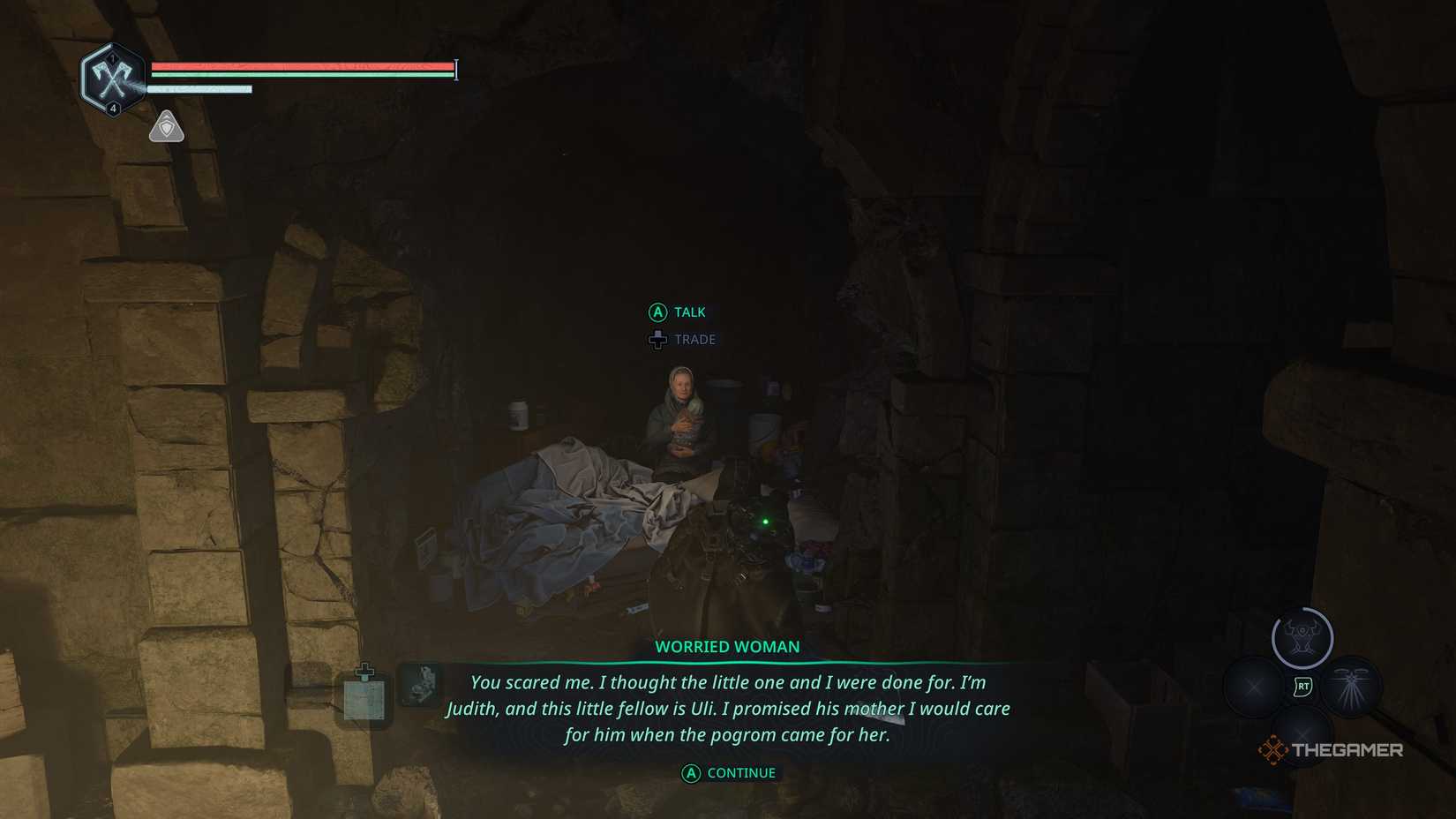 Speaking to an old woman and the baby she is caring for in Hell is Us.