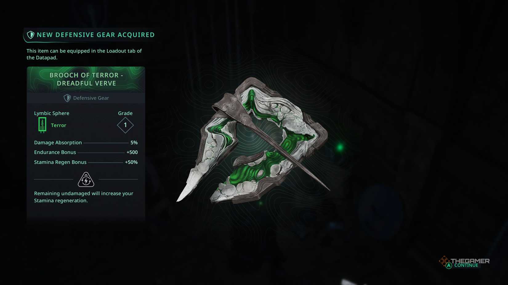 The Brooch of terror - dreadful verve defensive gear item in Hell Is Us.