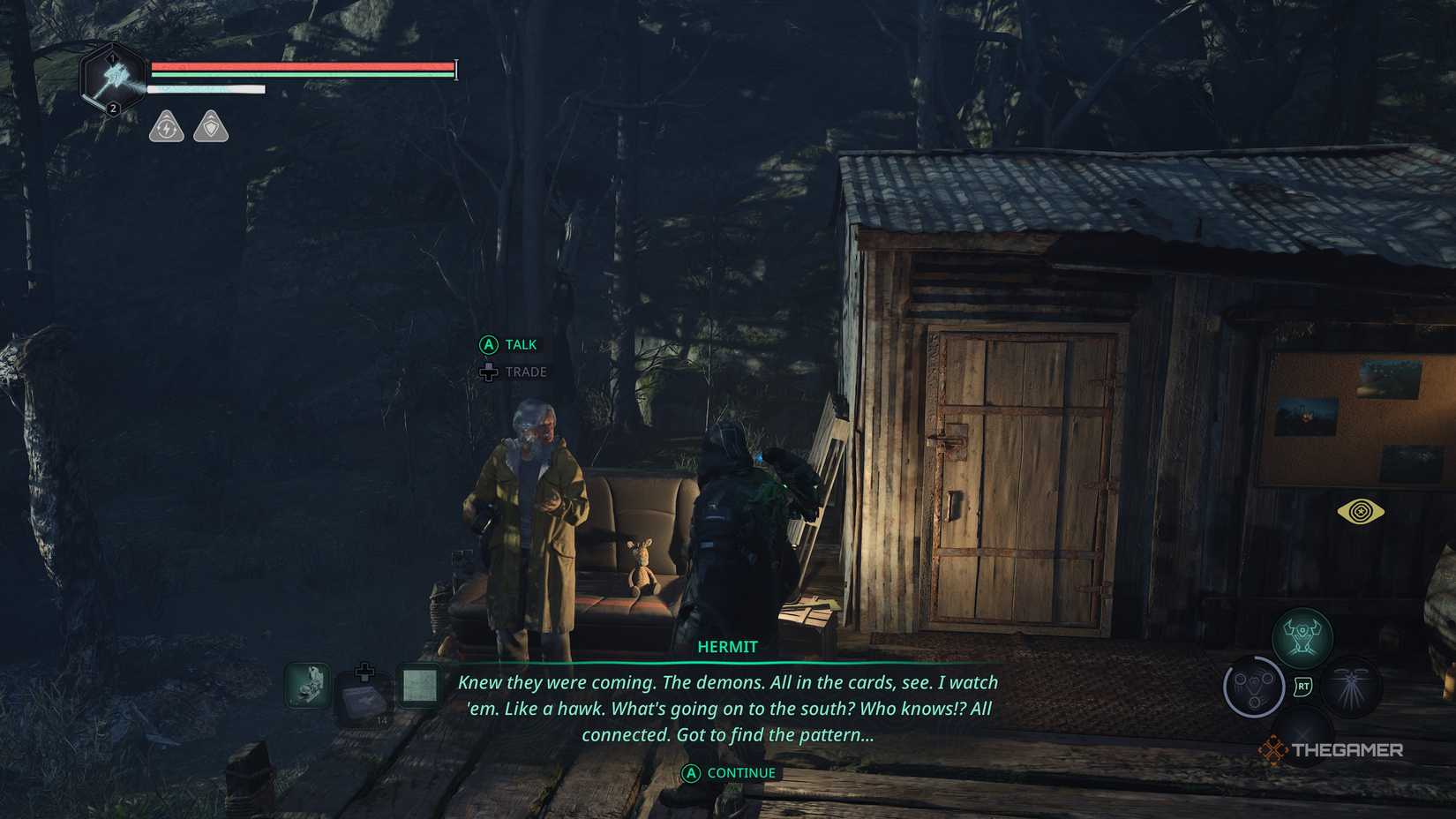 The hermit talking about a mystery south of him in Hell Is Us.