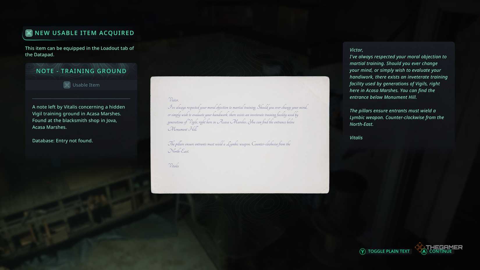 Instructions on where o find the vigil training grounds in Hell Is Us.