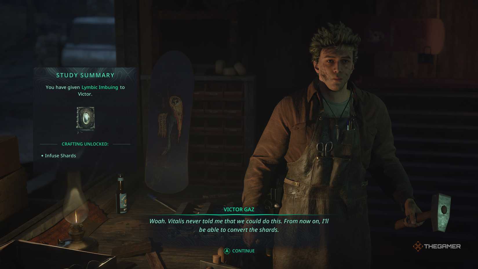 Victor unlocking the ability to infuse shards in Hell Is Us.