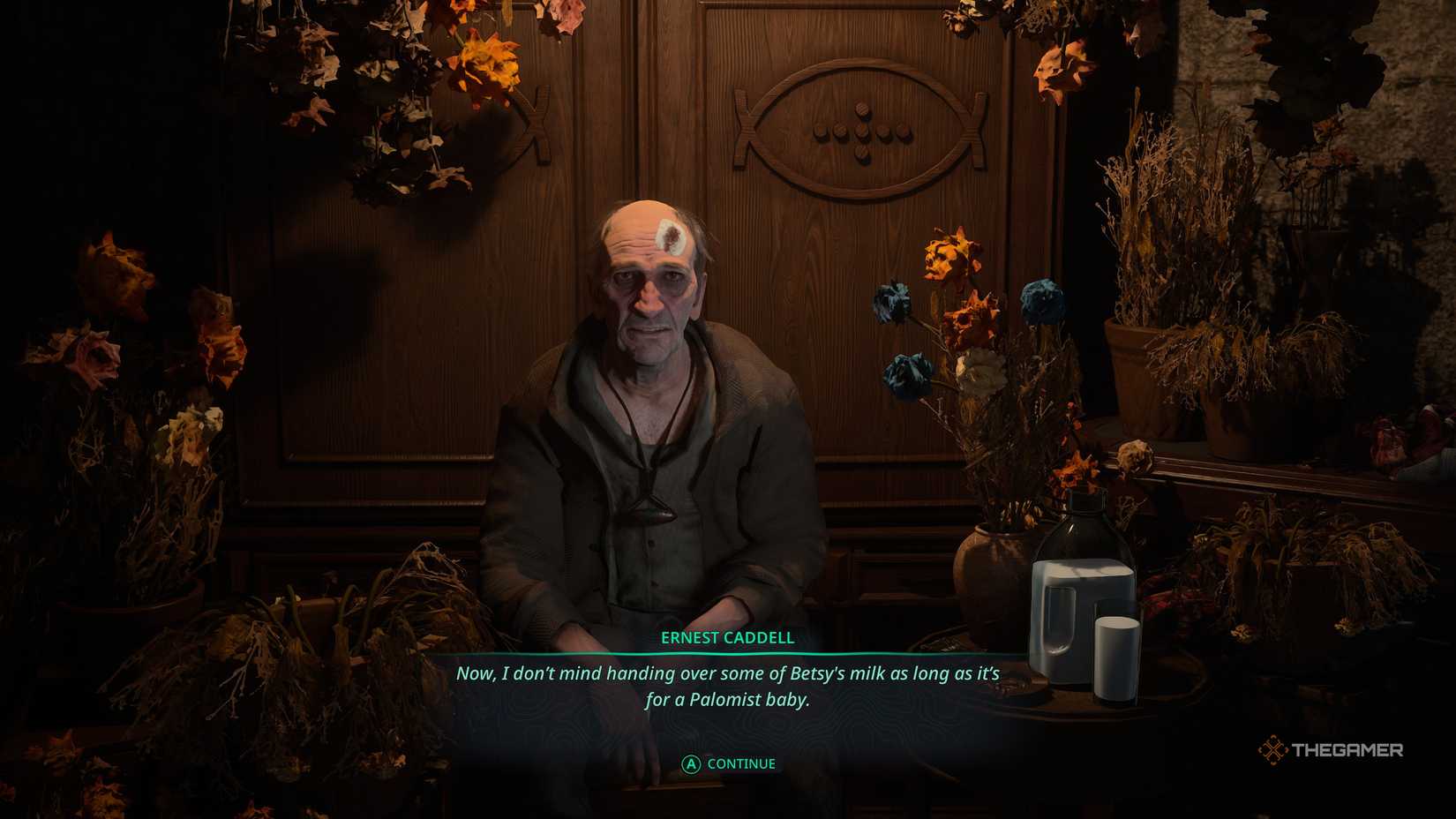 Getting some milk from Ernest Caddell in Hell is Us.