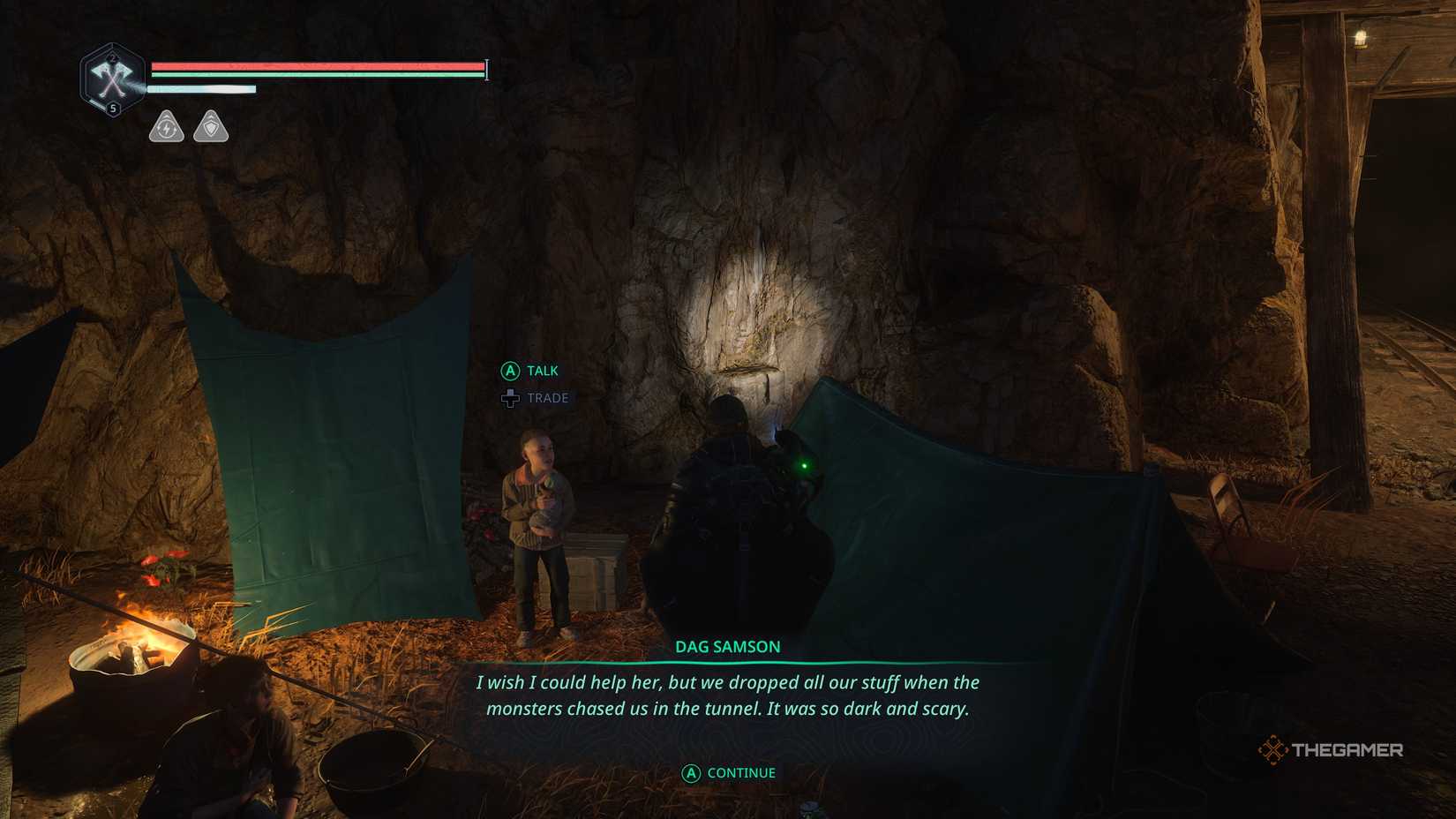 Speaking to Dag at Vyssa Hills in Hell Is Us.