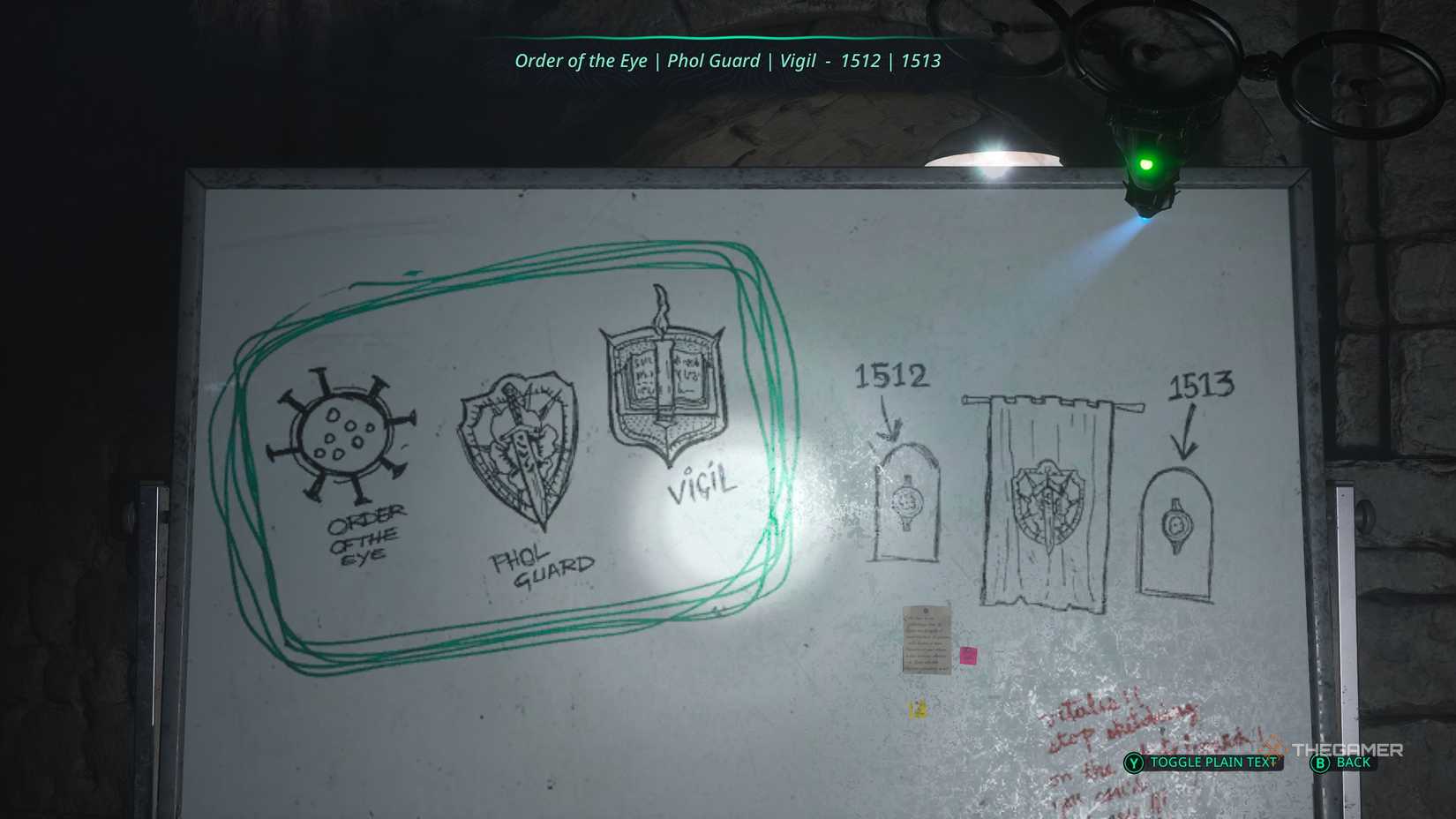 A whiteboard in Watcher's Nest detailing puzzle hints in Hell Is Us.