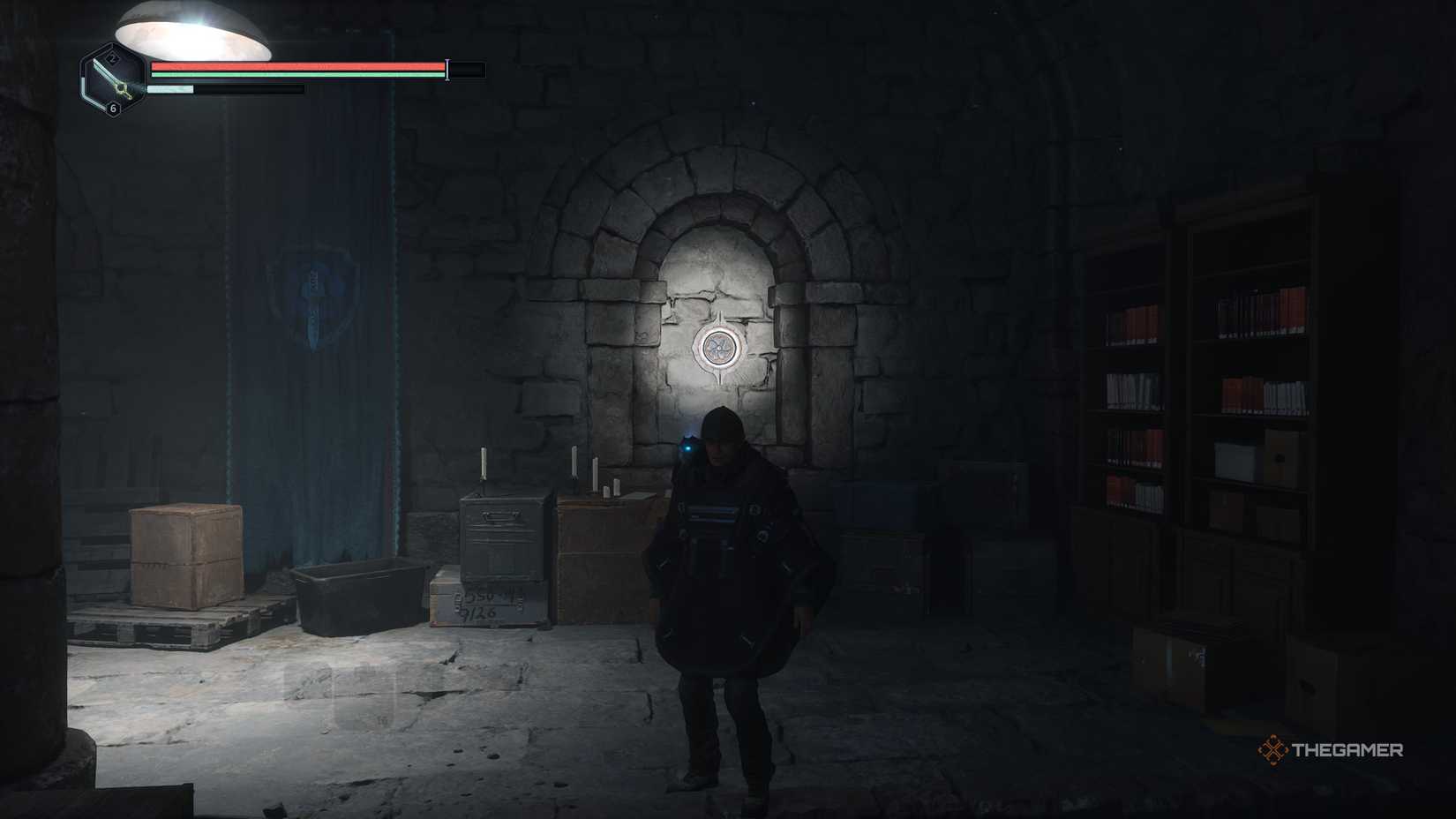 A ceramic flower placed to the right of the heraldry in watcher's nest in hell is us.