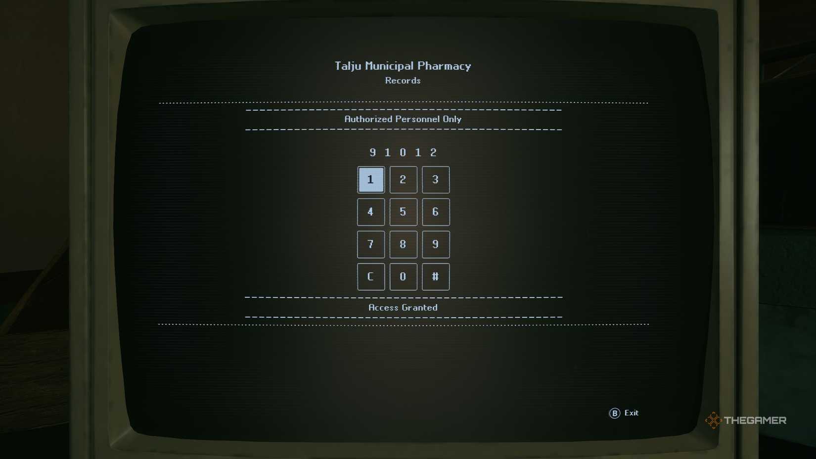 The Talju pharmacy computer showing its password in Hell Is Us.