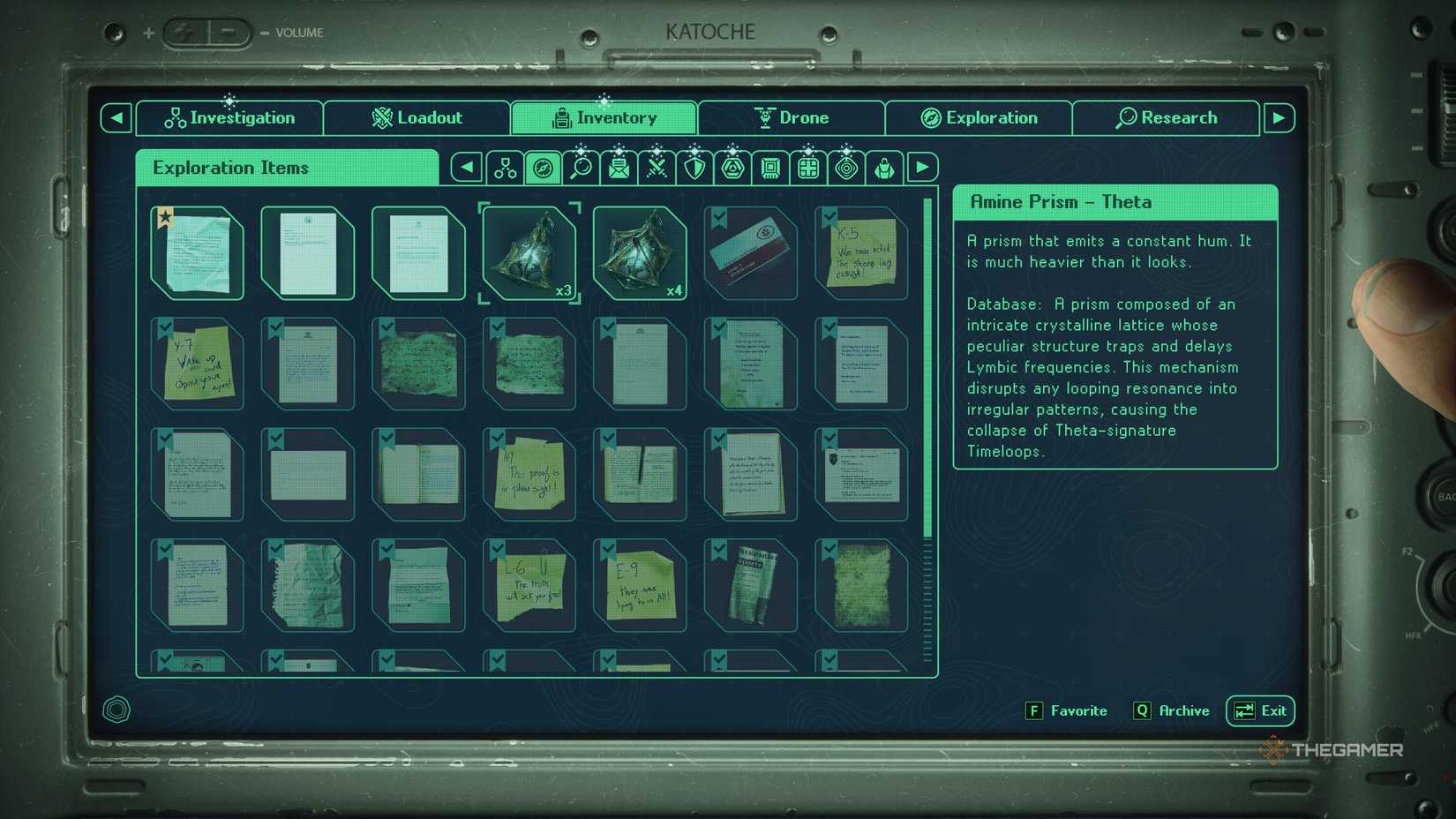 A Theta type Amine Prism in the menu in Hell Is Us.