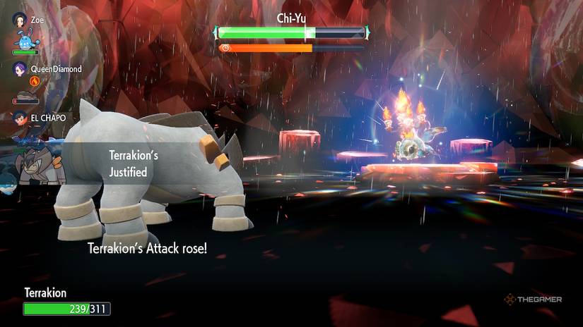 Shiny Chi-Yu activates Terrakion's Justified ability during a Tera Raid battle in Pokemon Scarlet and Violet.