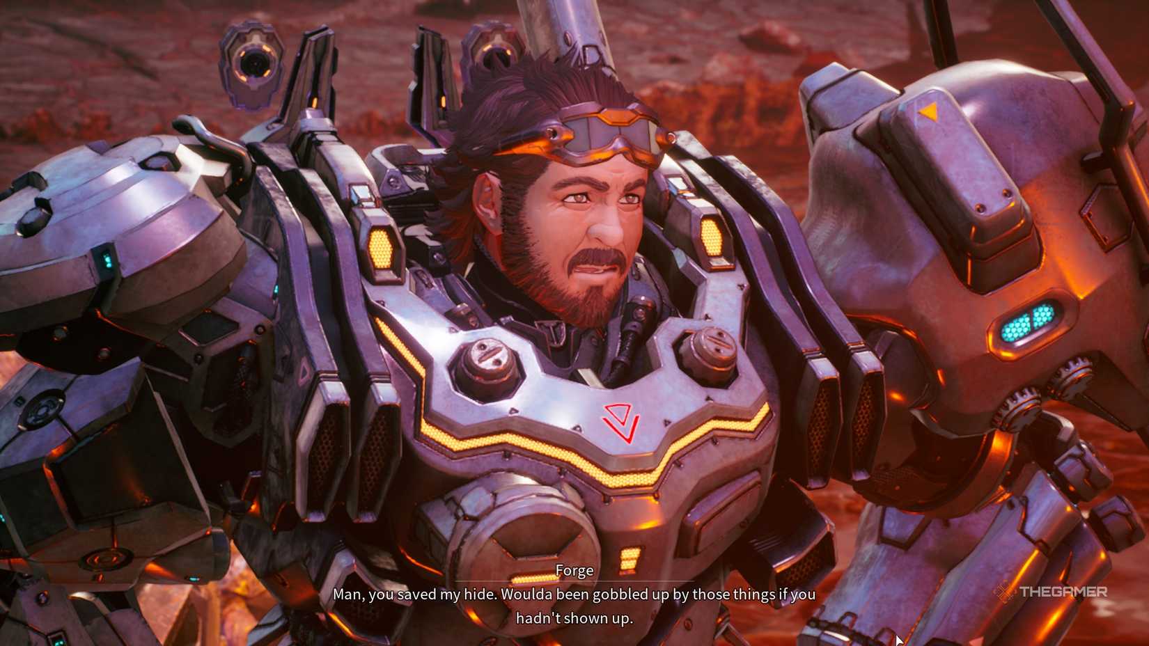 forge greets the player character at the beginning of daemon x machina: titanic scion.