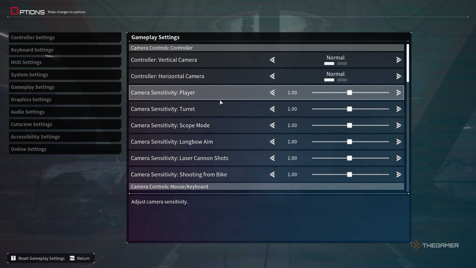 the menu screen in daemon x machina: titanic scion, with the camera sensitivity settings highlighted.