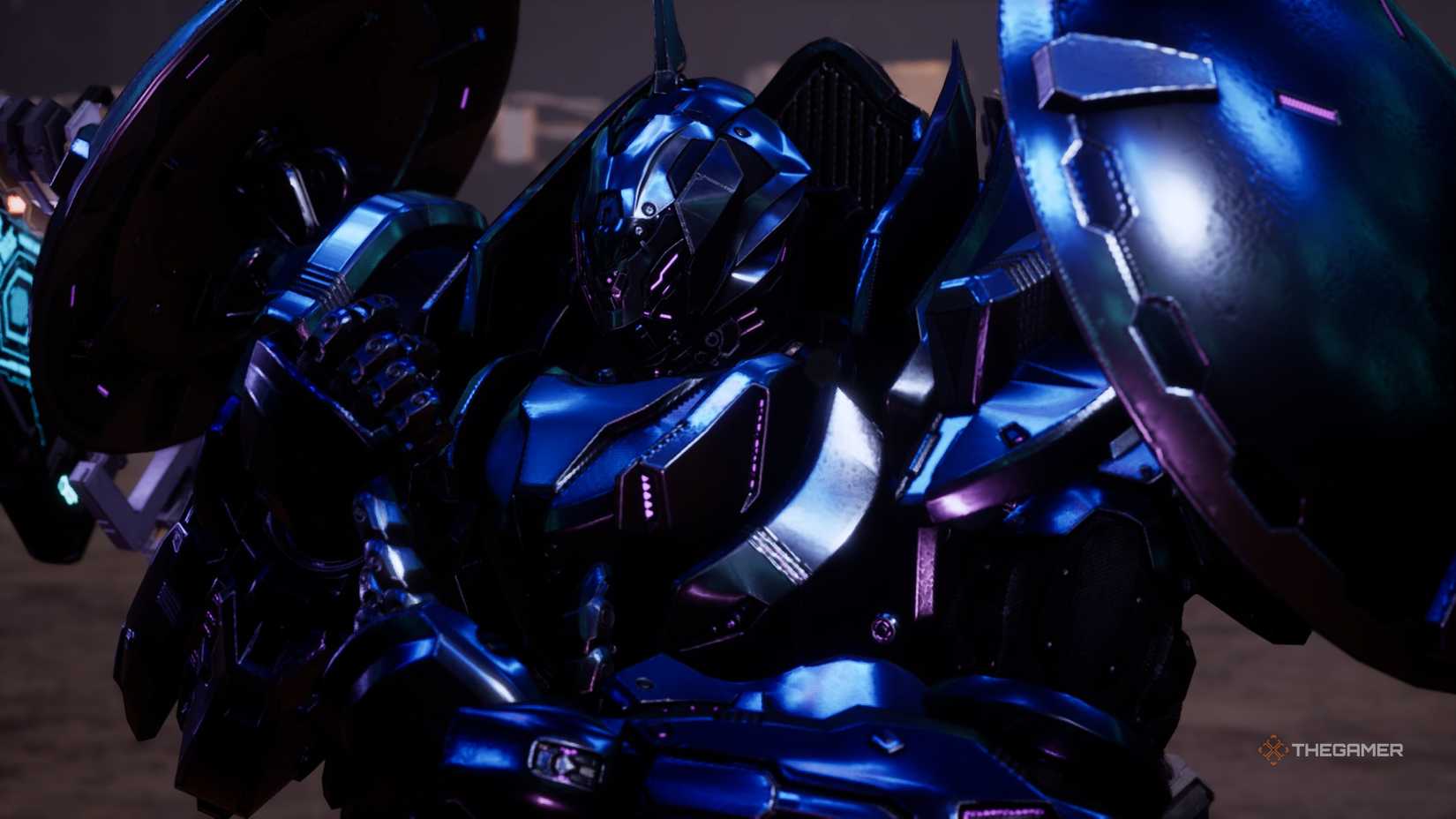 the player character crosses their arms in daemon x machina: titanic scion.