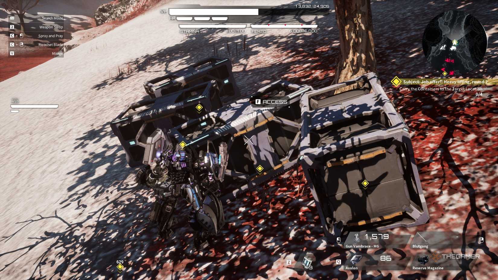 a player's arsenal prepares to lift a crate in daemon x machina: titanic scion.