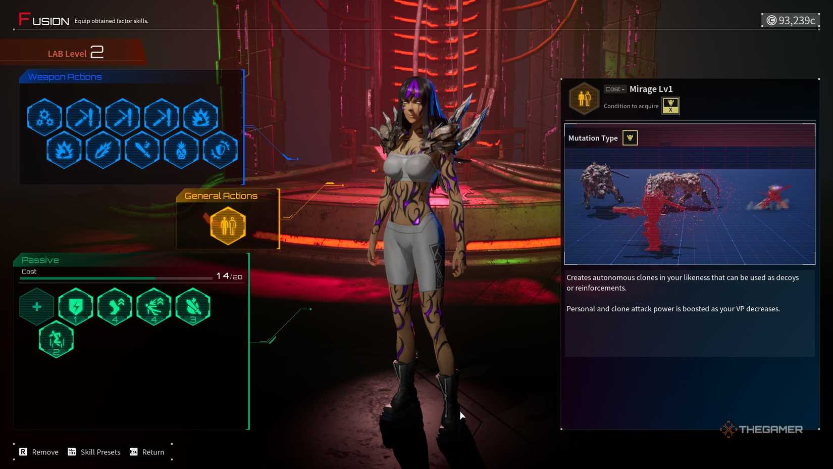 a partially-mutated heroine equips mirage on the skill screen of demon x machina: titanic scion.