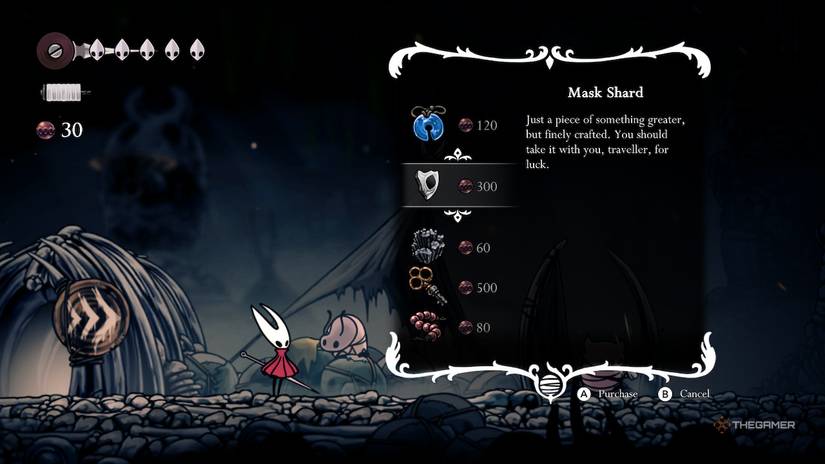 Hornet buys a Map Shard from Pebb in Bone Bottom in Hollow Knight: Silksong.