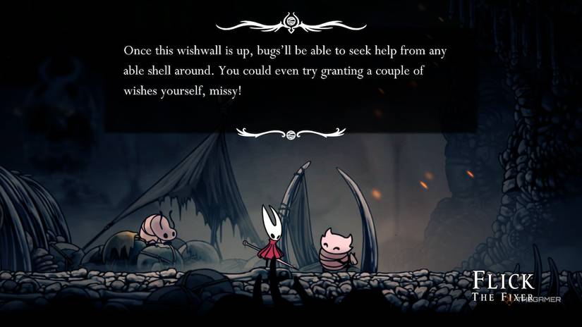 Flick tells Hornet about the Wish Wall in Hollow Knight: Silksong.