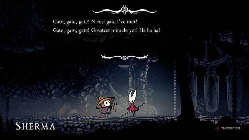 Sherma sings a song to the open gate in the Marrow in Hollow Knight: Silksong.