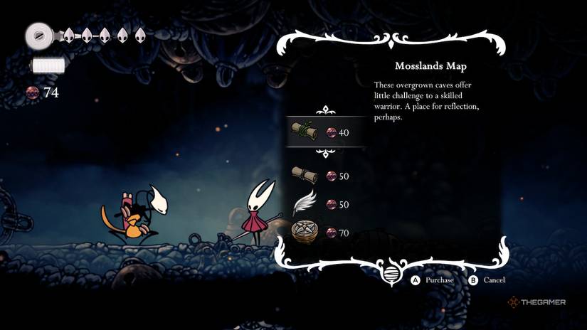 Hornet purchases the Mosslands Map from Shakra in Hollow Knight: Silksong.