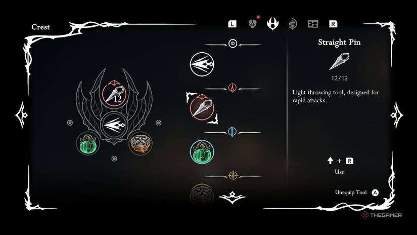 Hornet inspects the Straight Pin in her inventory in Hollow Knight: Silksong.
