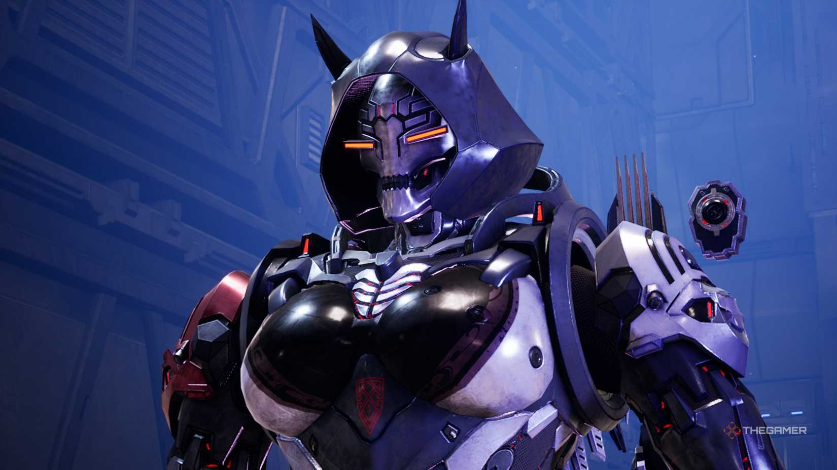 gaze wears her armored oni mask in daemon x machina: titanic scion.