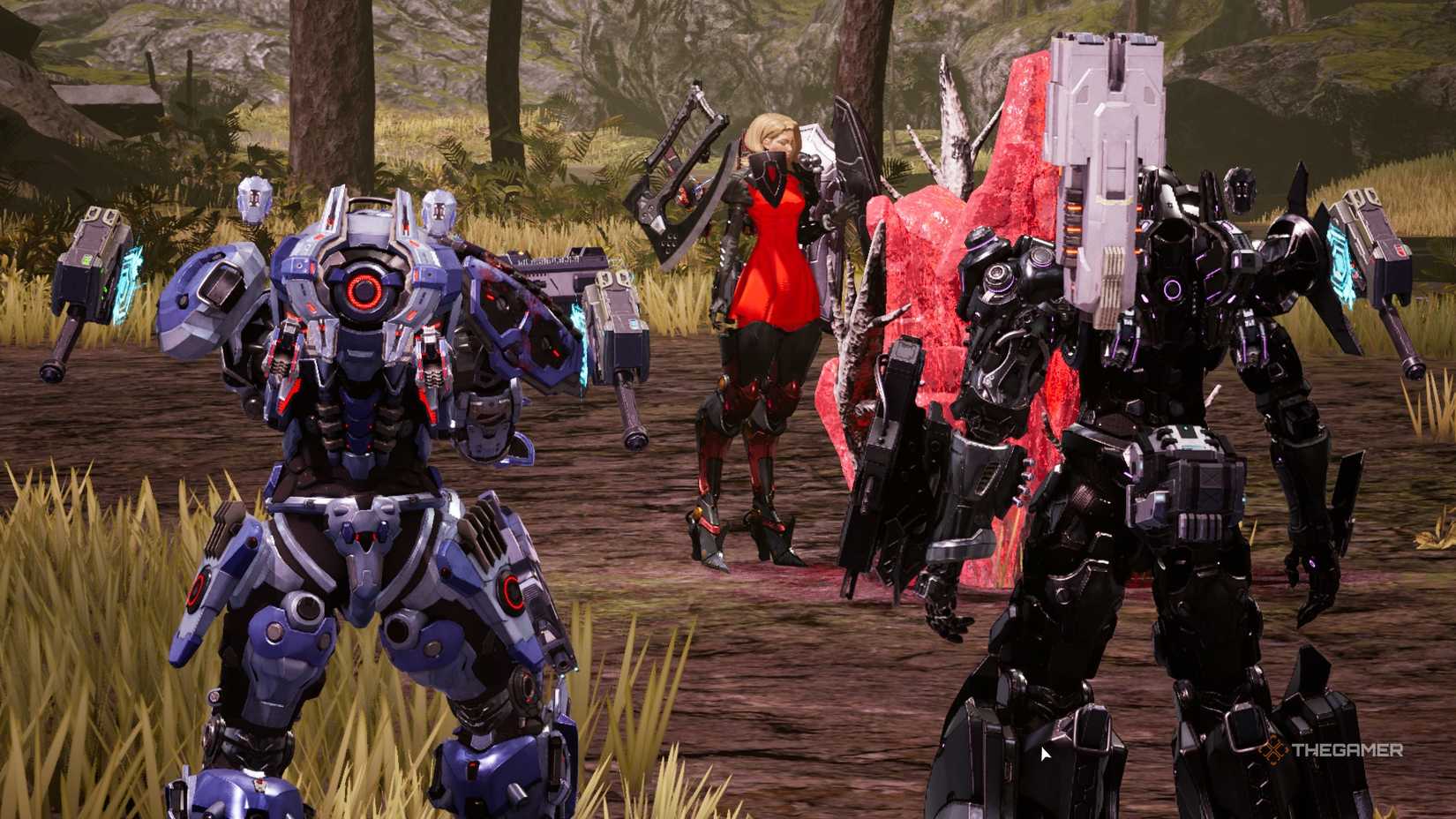bullet examines a femto crystal while confronting ash and the protagonist in daemon x machina: titanic scion.