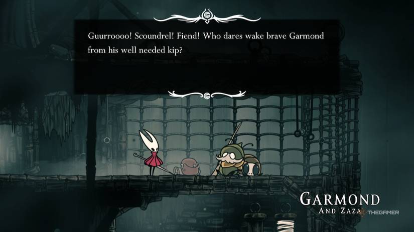Garmond greets Hornet in Greymoor in Hollow Knight: Silksong.