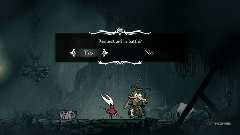 Hornet requests aid from Garmond and Zara in battle in Hollow Knight: Silksong.