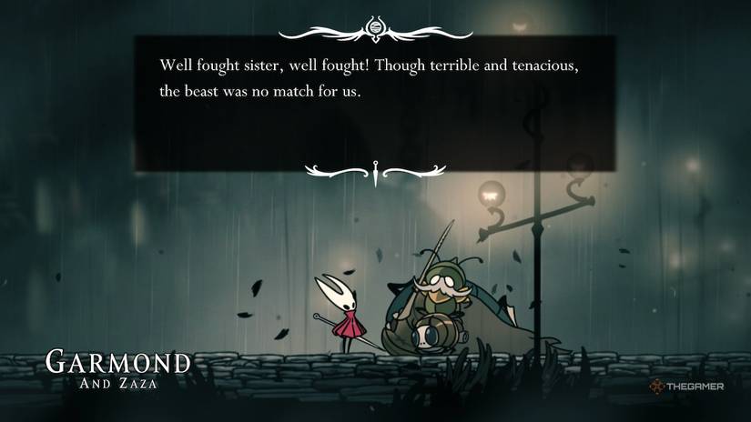 Garmond and Zara praise Hornet for their fight against Moorwing in Hollow Knight: Silksong.