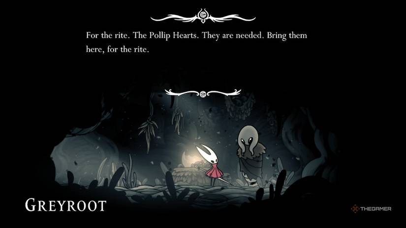 Greyroot gives Hornet the Rite of the Pollip quest in Hollow Knight: Silksong.