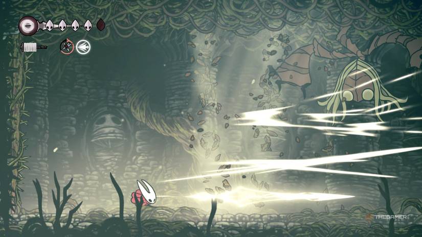 Hornet uses Silkspear to clear vines during the Sister Splinter fight in Hollow Knight: Silksong.