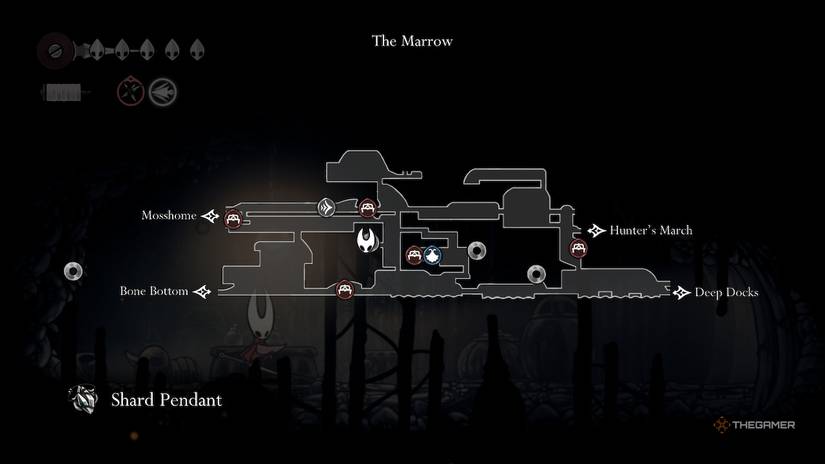 Hornet picks up the Shard Pendant and looks at her map in Hollow Knight: Silksong.