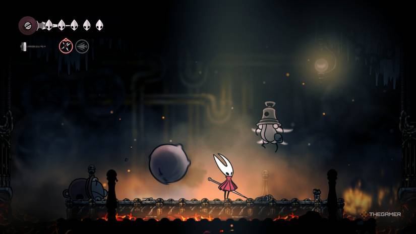 Hornet is surrounded by a mob at the Marrow Mask Fragment location in Hollow Knight: Silksong.