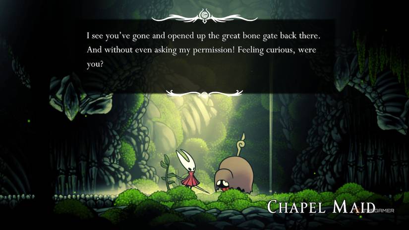 Chapel Maid talks to Hornet about opening the west door in Hollow Knight: Silksong.