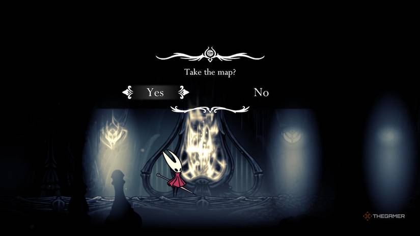Hornet takes the map from the Weavenest Atla harp in Hollow Knight: Silksong.