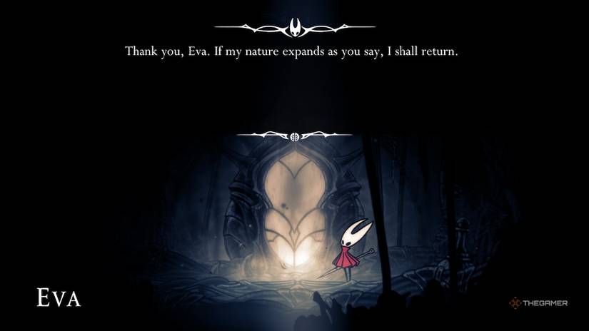 Hornet promises to visit Eva again at the Weavenest Atla in Hollow Knight: Silksong.